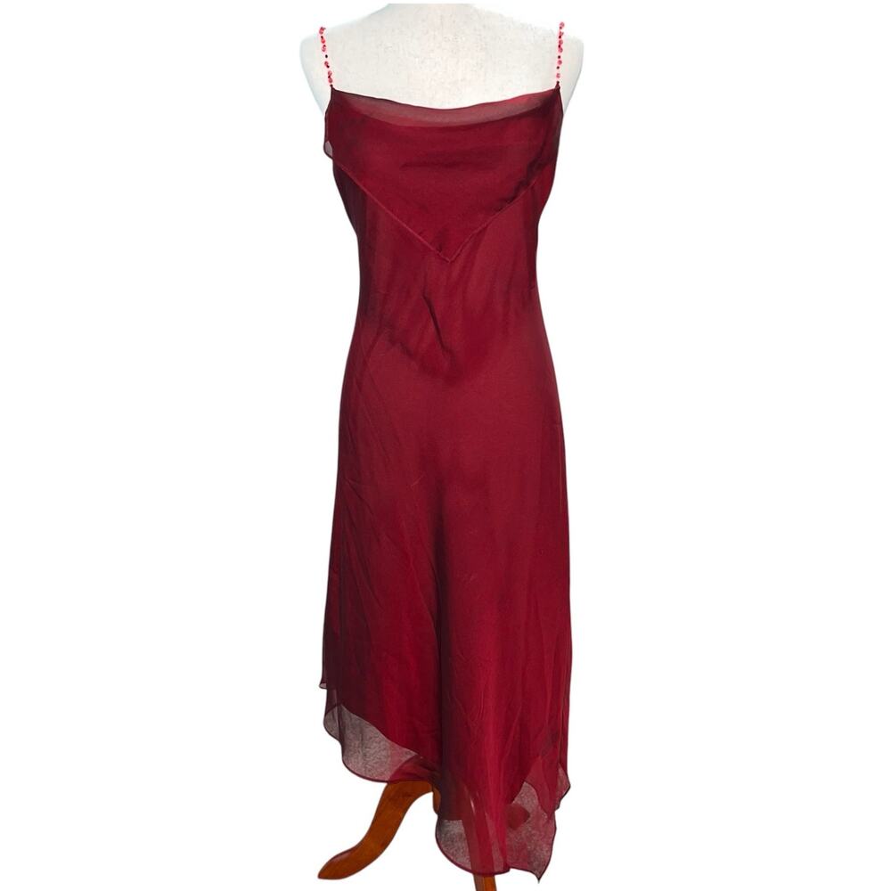 Vintage 90s women's mesh overlay wine red Breakin' Loose lace sheer prom dress